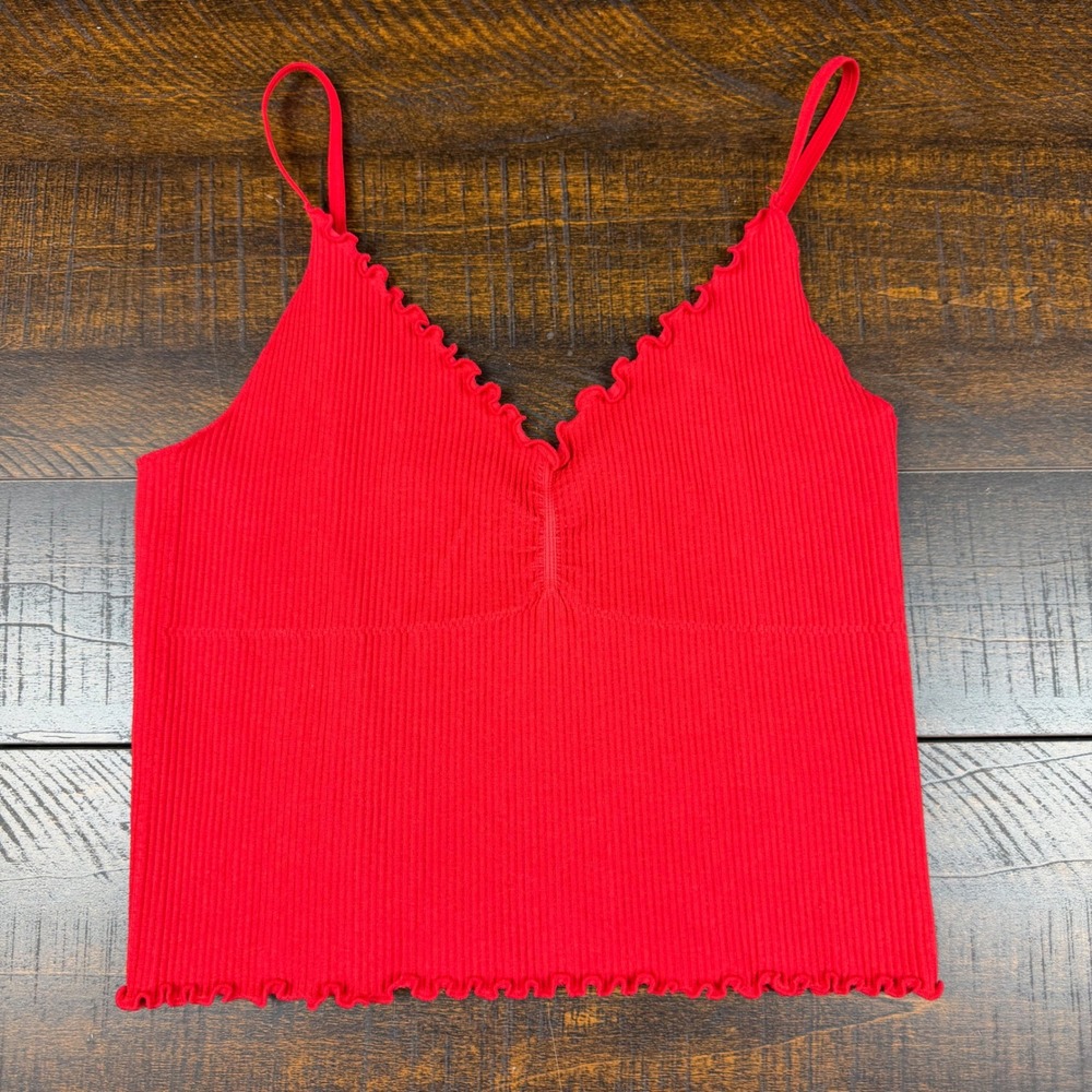 Ribbed Lettuce Edge Cami Tank Top Red S V-Neck Cinched Bust Coquette Festival